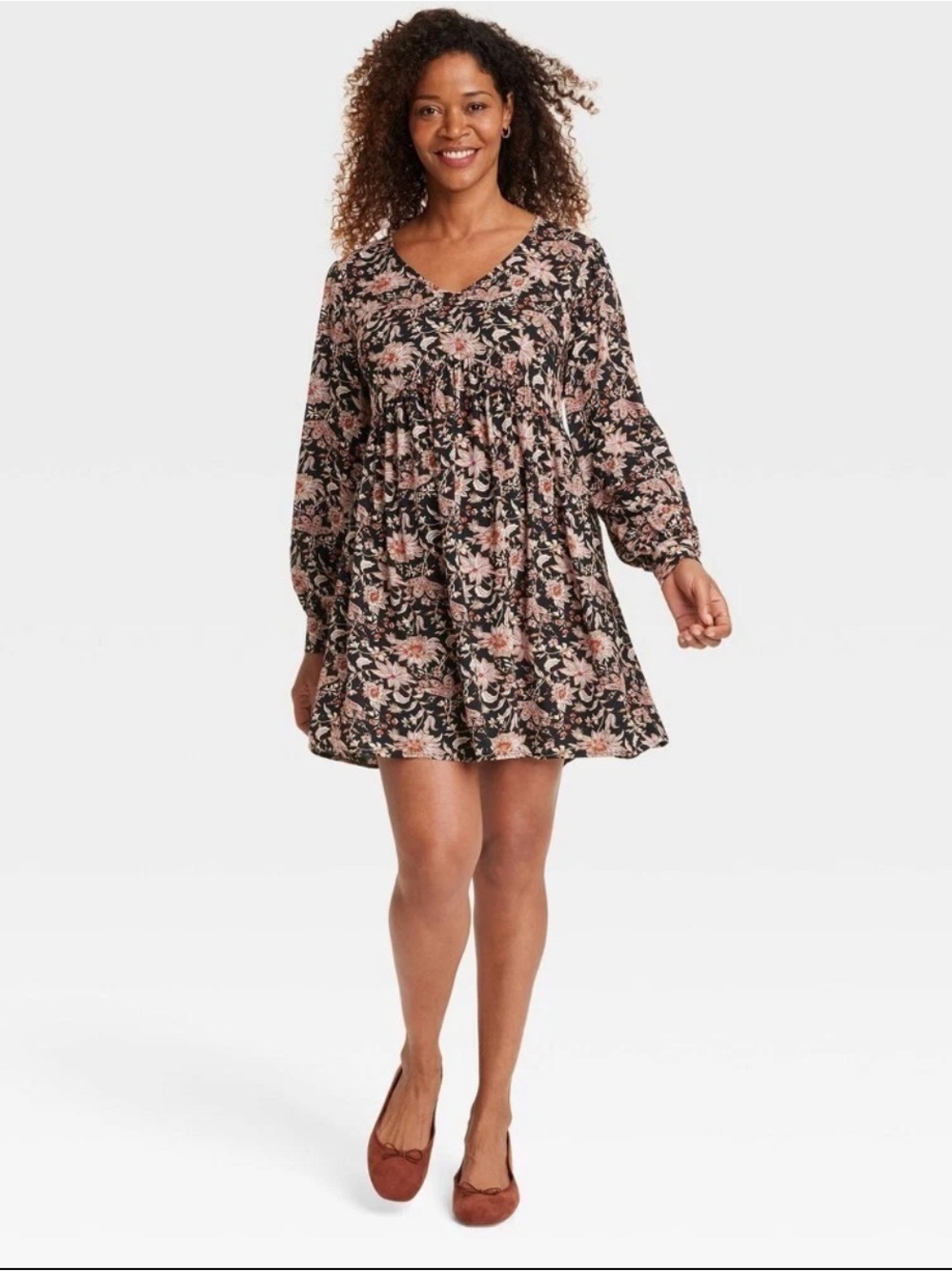 Knox Rose Large Boho Floral Babydoll Mini Dress Black Pink Rayon L